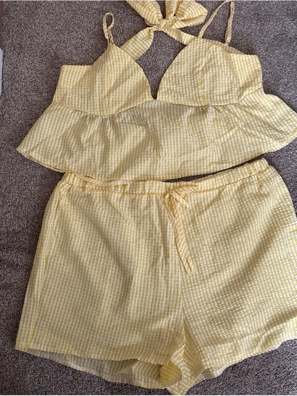 Yellow Seersucker Peplum Cami & Drawstring Short Sleep Set